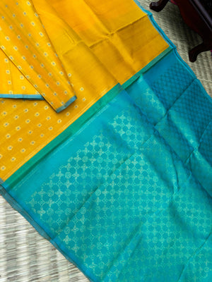 Mohaa - Beautiful Borderless Kanchivarams - stunning yellow and turquoise knee length meena buttas
