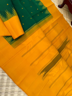 Rarest Korvai Kanchivaram - the best of best Meenakshi green and mustard with tiny buttas woven body
