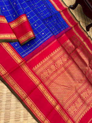 Colours of Navarathri 2025 on Kanchivarams - the best of beat blue and red Korvai Kanchivaram with chex buttas woven body