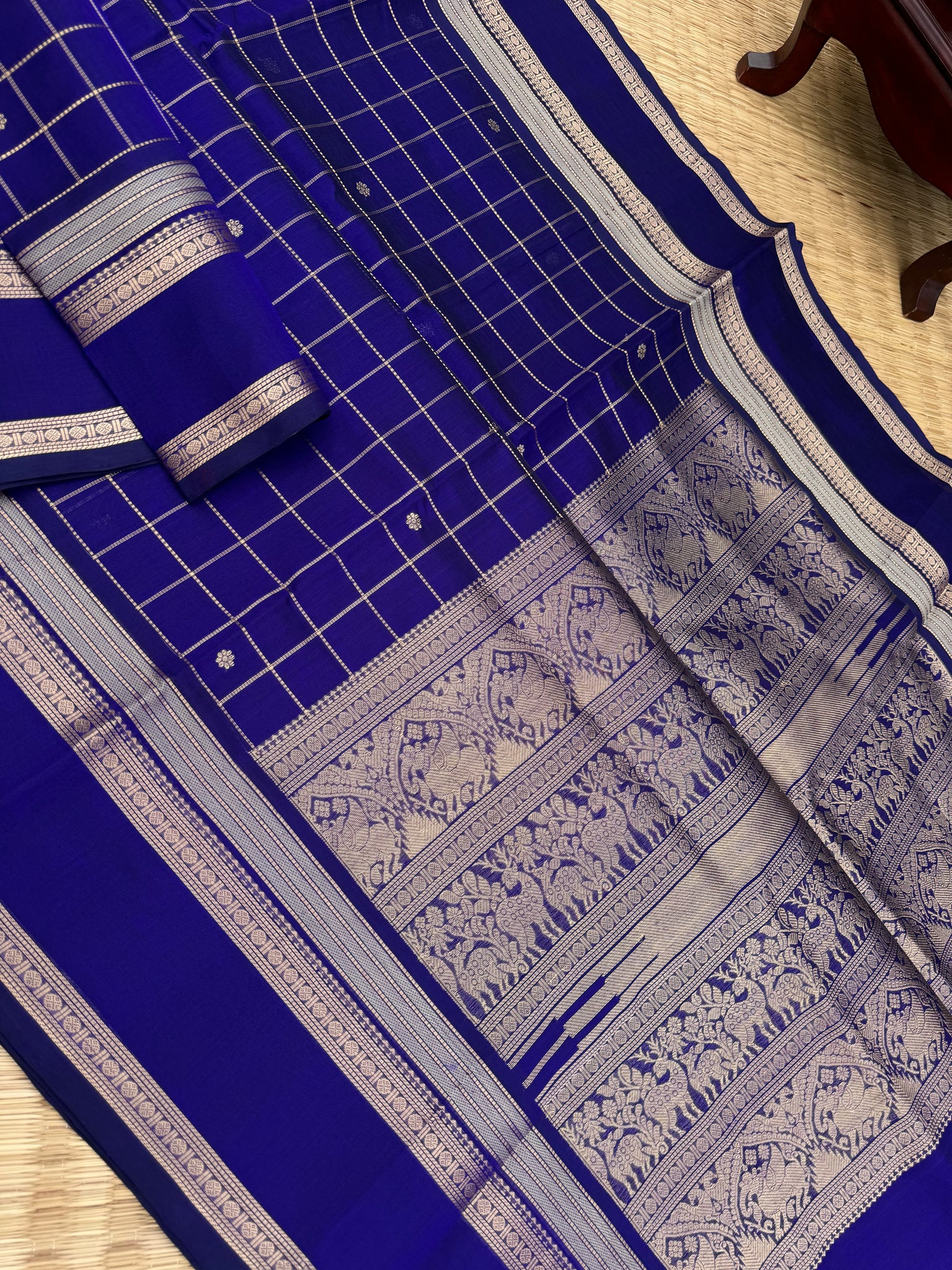 Zari Kissed Silk Cotton - a deep dark ink blue muthukattam with traditional moopula woven borders