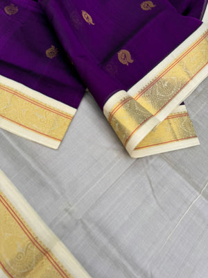 Korvai Silk Cottons - deep dark brinjal purple and off white