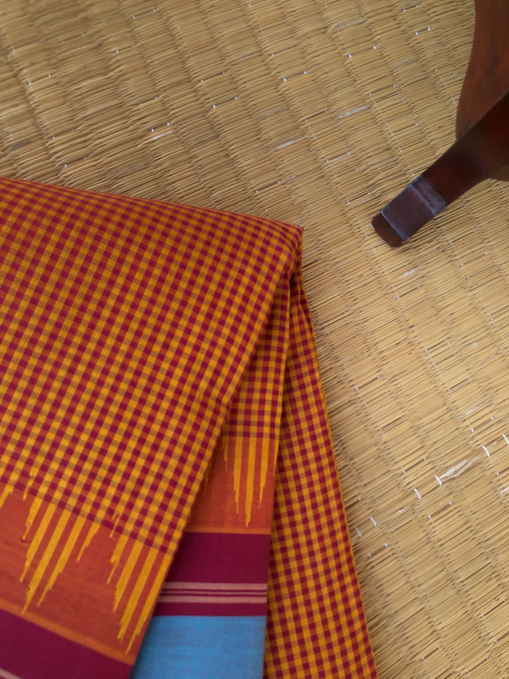 Signature Korvai Silk Cottons - mustard and aaraku kasa kasa kattam with burnt blue borders and aaraku pallu blouse