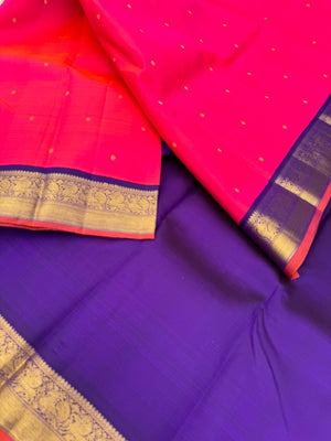 Meenakshi - Heirloom Korvai Kanchivaram - a beautiful kanakambaram pink mixed orang tone with deep ink violet yali pallu