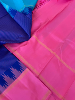 Kaavyam on Korvai Kanchivaram -ink blue strips woven body with ganga jammuna korvai woven borders