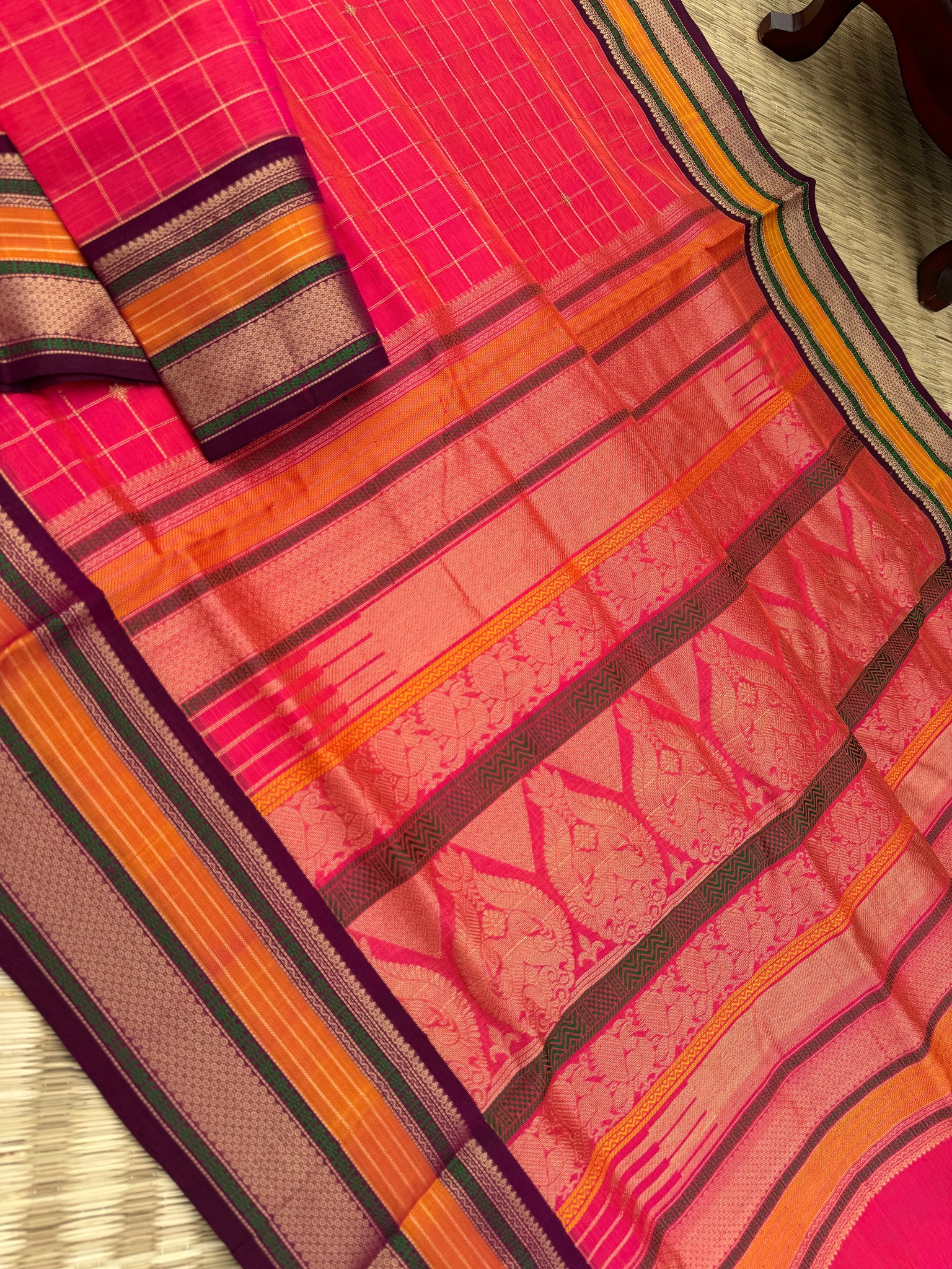 Zari Kissed Silk Cotton - orange mixed pink with muthu koortha kattam buttas