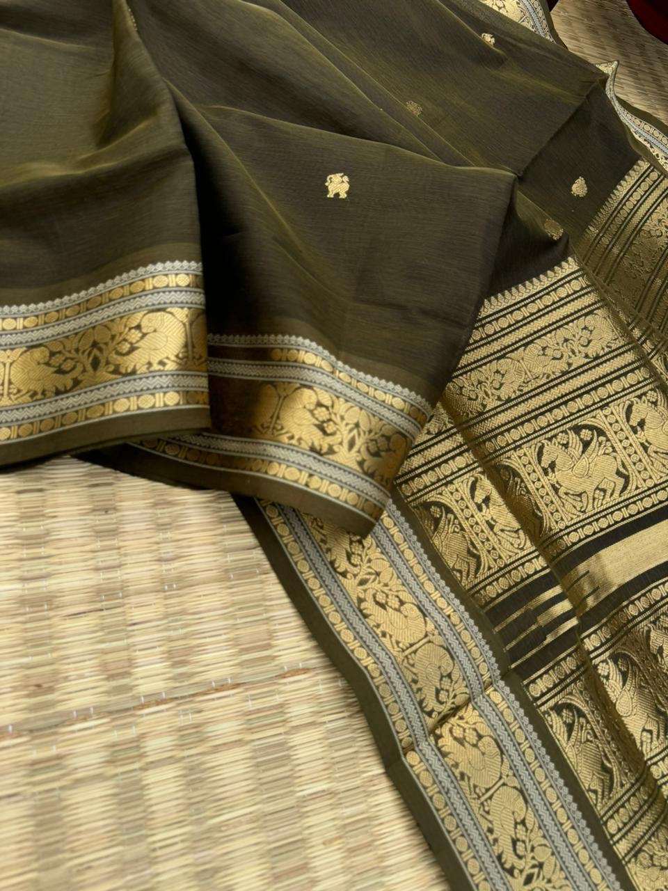 Zari Kissed Silk Cotton - deep dark army green with parrots motifs woven borders