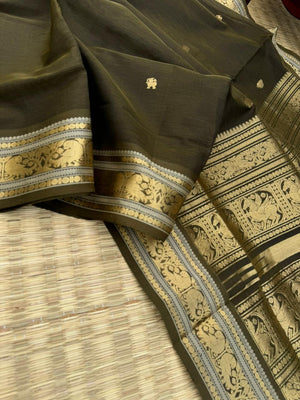Zari Kissed Silk Cotton - deep dark army green with parrots motifs woven borders