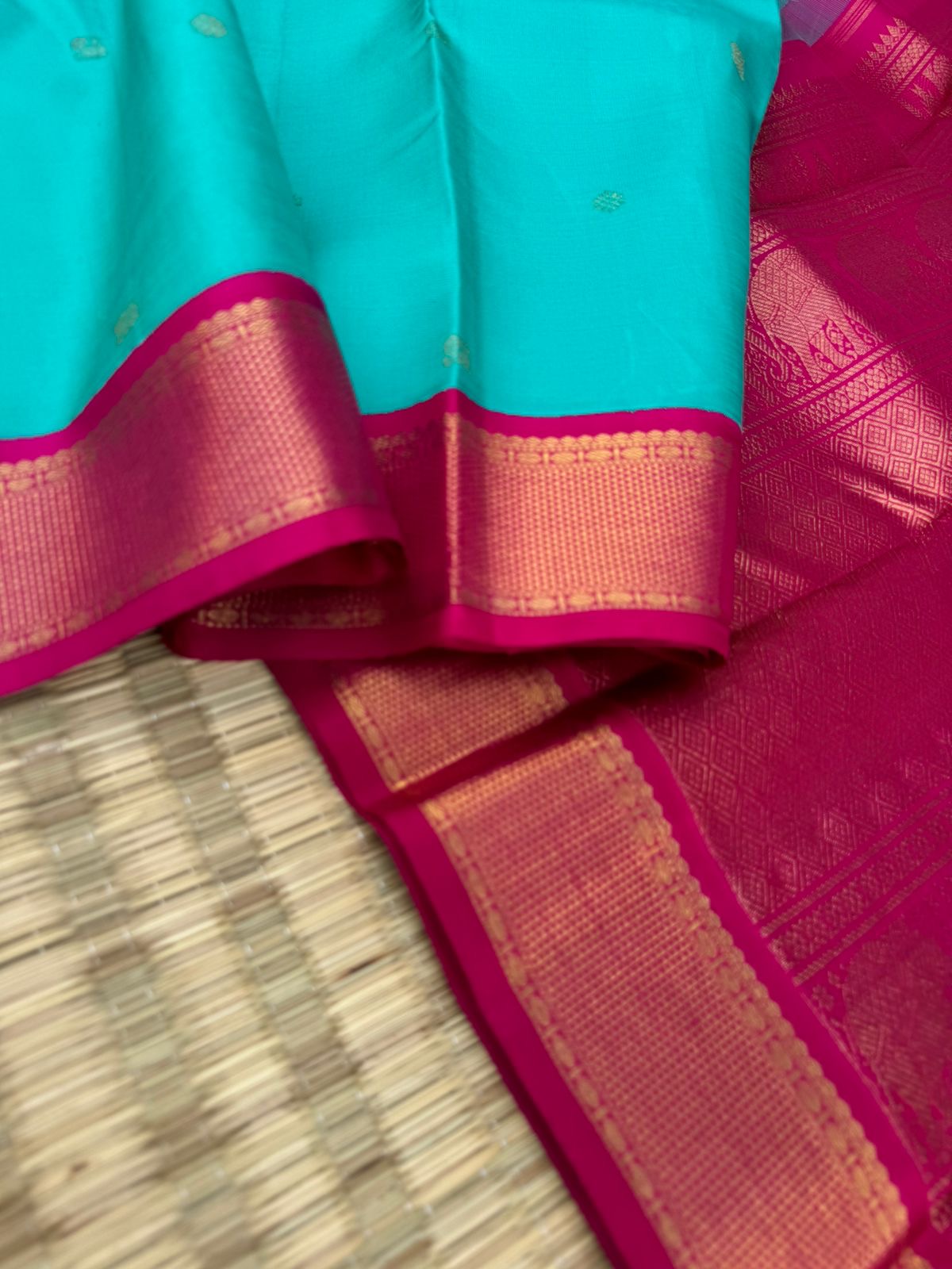 Kamakshi - Heirloom Korvai Kanchivaram - gorgeous turquoise blue and pink with aarai maadam woven borders