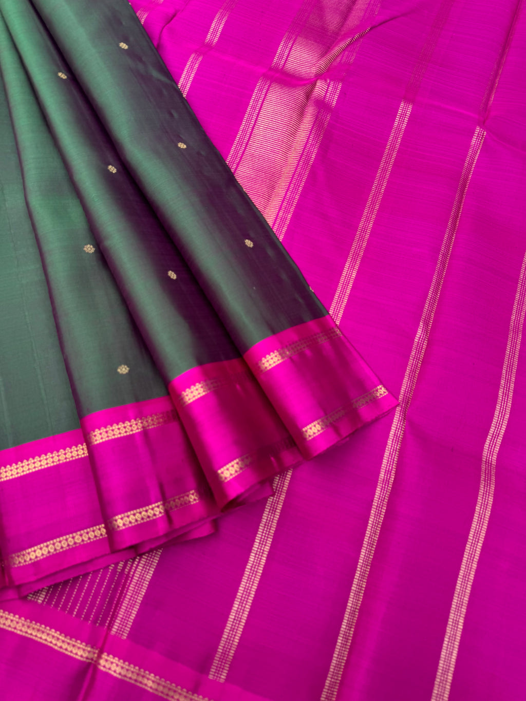 Diwali Edits - Kanchivaram For All Occasions - when deep dark green woven with rain pink we get this unique tone