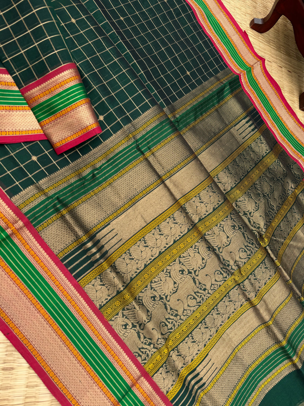 Zari Kissed Silk Cotton - deep dark meenakshi green muthu kattam