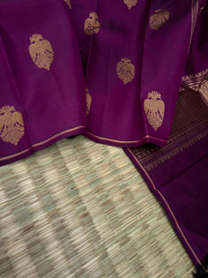 Mohaa - Beautiful Borderless Kanchivarams - deep purple irruthalai woven buttas with blouse buttas