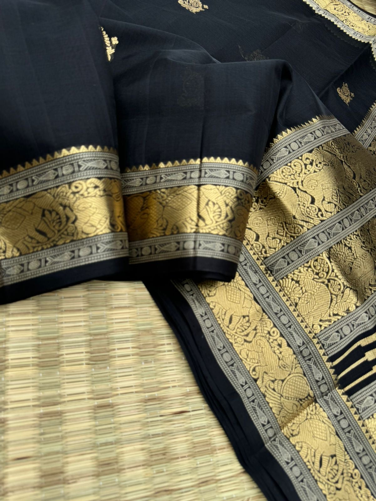 Black Edition of Zari Kissed Silk Cotton - stunning black and gold with annapakshi elephant yali woven borders