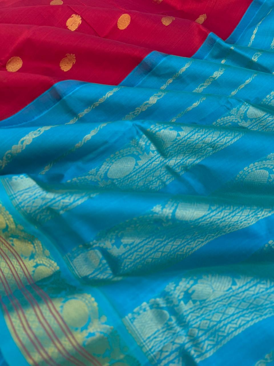 Korvai Silk Cottons - deep dark reddish aarku and anandha blue