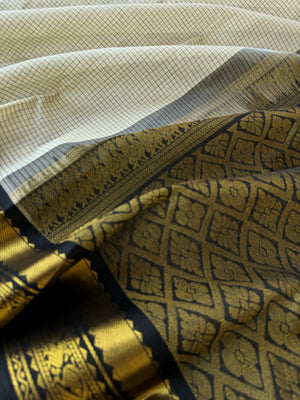Korvai Silk Cotton - pale off white and black podi kattam
