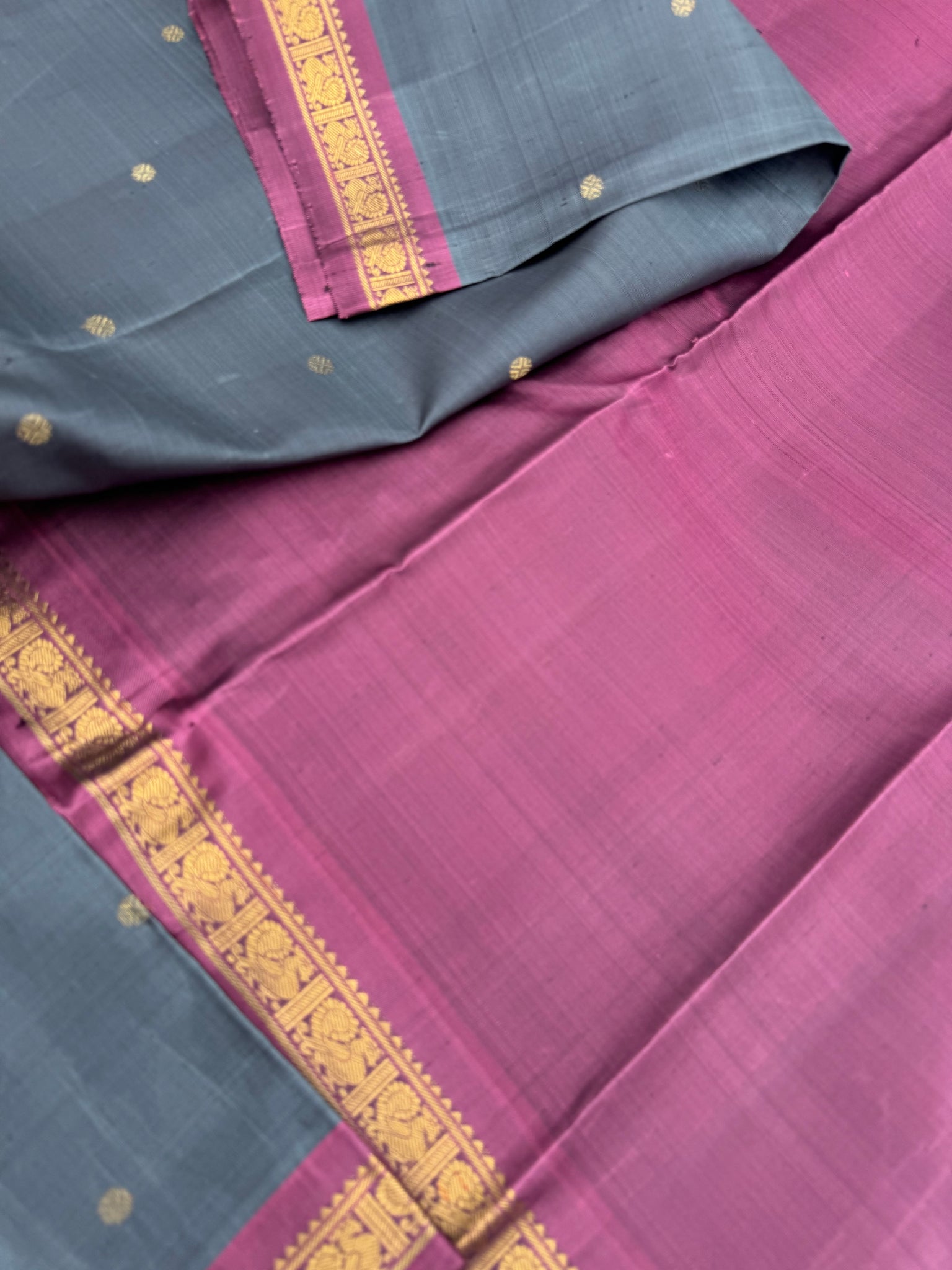 Leela - The bliss of small border Kanchivarams - a steel alloy grey and keva with simple strips woven pallu