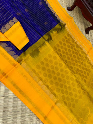 Korvai Silk Cottons - ink blue zari kattam with mustard
