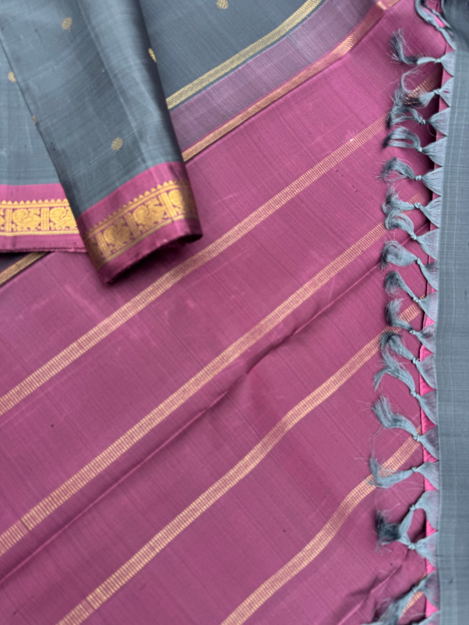 Leela - The bliss of small border Kanchivarams - a steel alloy grey and keva with simple strips woven pallu