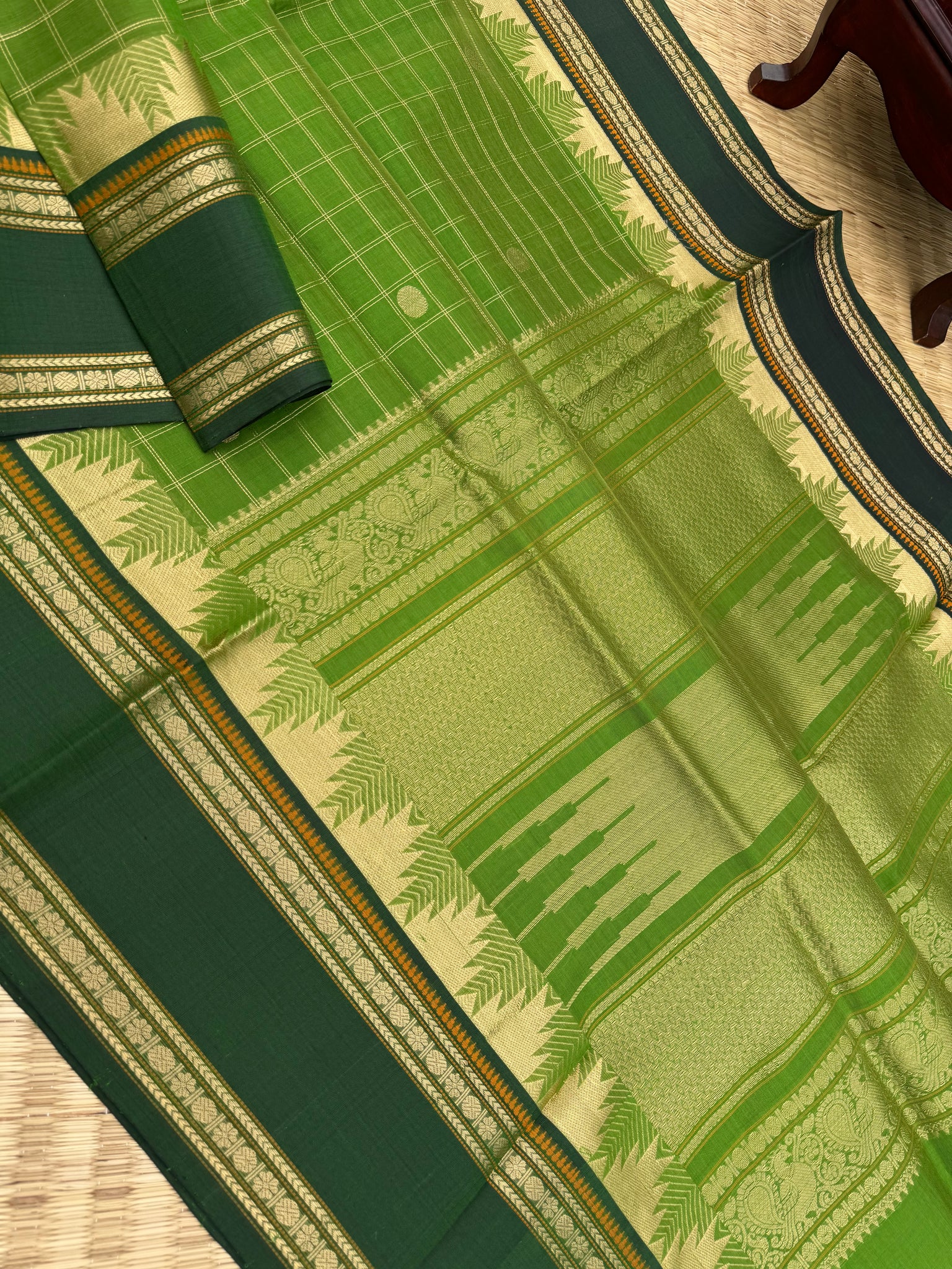 Zari Kissed Silk Cotton - a green on green with all traditional motifs
