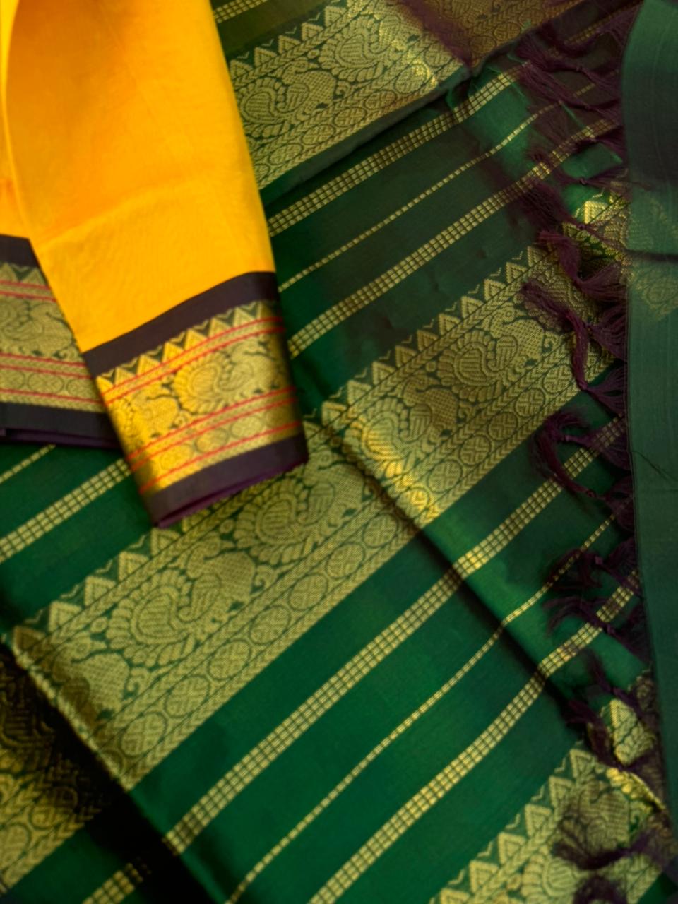 Korvai Silk Cottons -golden mustard and deep green