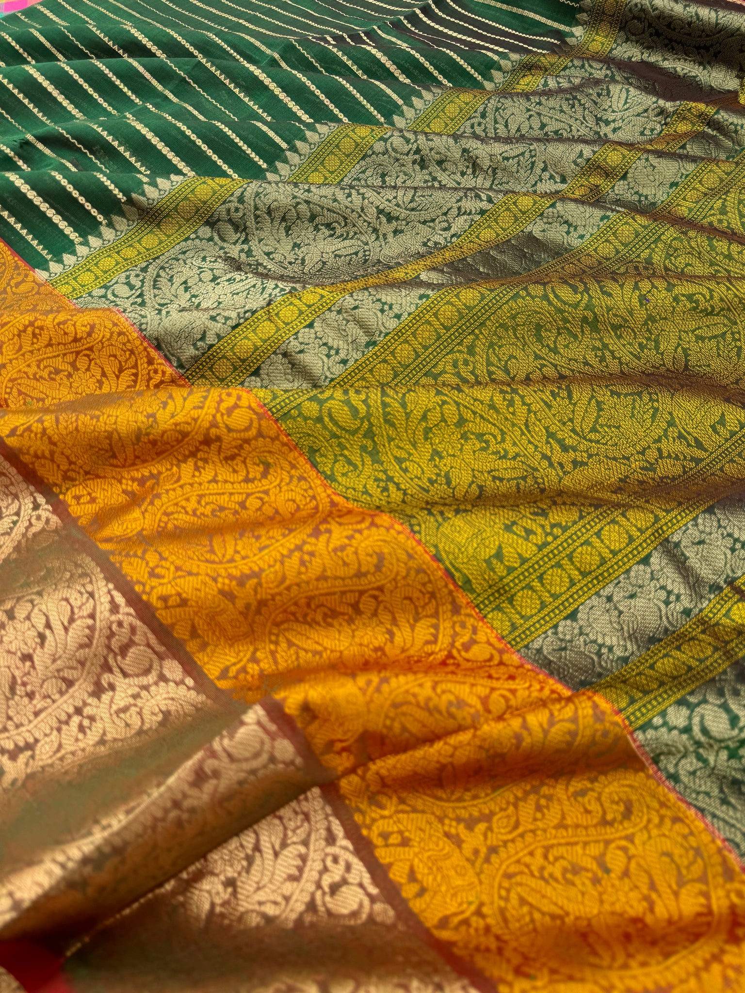 Zari Kissed Silk Cotton - deep drak traditional green at the best grandest veldhari