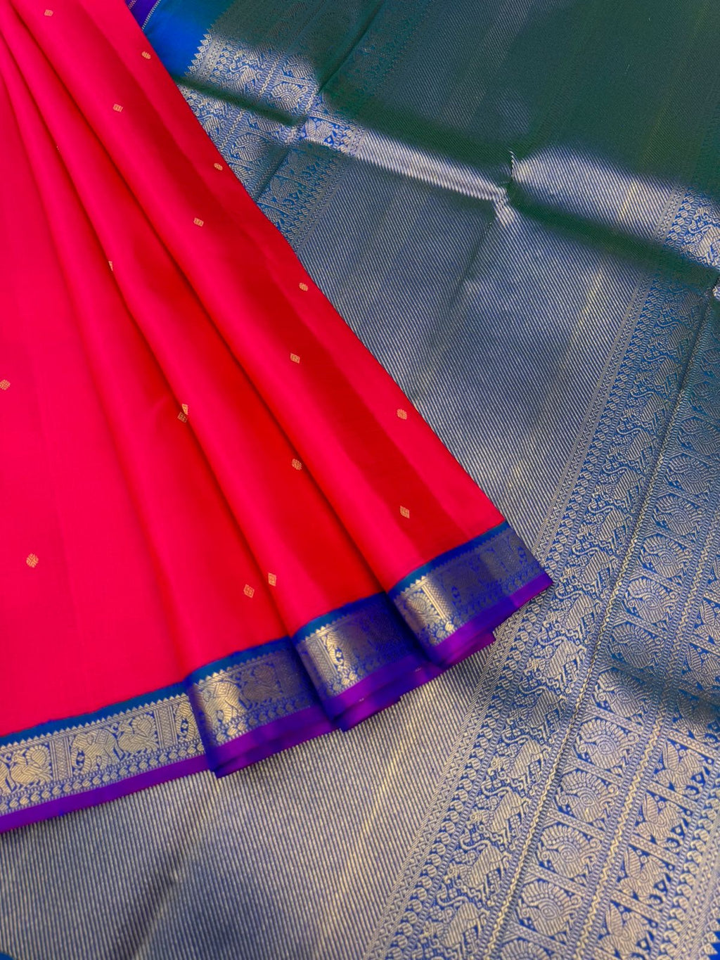 Kamakshi - Heirloom Korvai Kanchivaram - most beautiful red pink with peacock blue green pallu and blouse for people who love small borders