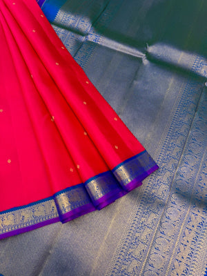 Kamakshi - Heirloom Korvai Kanchivaram - most beautiful red pink with peacock blue green pallu and blouse for people who love small borders