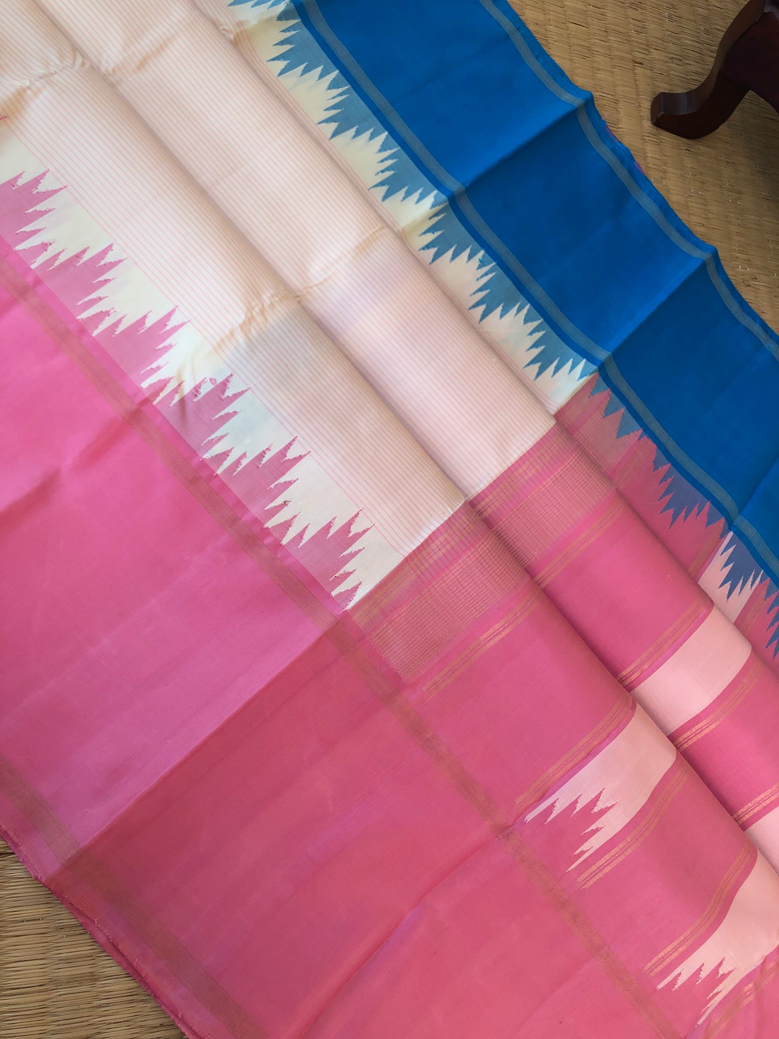Diwaly Vibes on Korvai Kanchivaram - beautiful off white with rose pink and sulphate blue ganga jammuna woven borders
