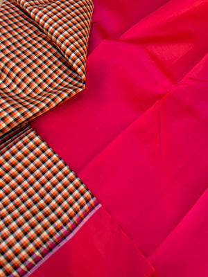 Rarest Korvai Kanchivaram - the body has tiny off white, orange, black chex with orange mixed pink Korvai woven borders