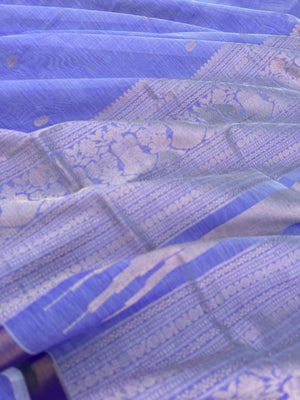 Pastels on Zari Kissed Silk Cotton - pastel sottu neelam tone of off white with ine inch tissue borders