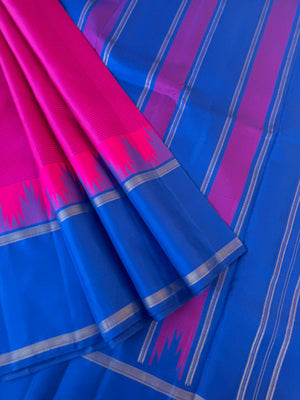 Art of Kai Korvai Kanchivaram - deep traditional pink with blue and apple green korvai woven borders