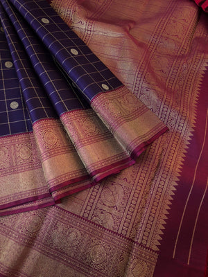 Antique Touch Kanchivarams - deep dark mid night navy blue and maroon korvai borders with chex and buttas woven body
