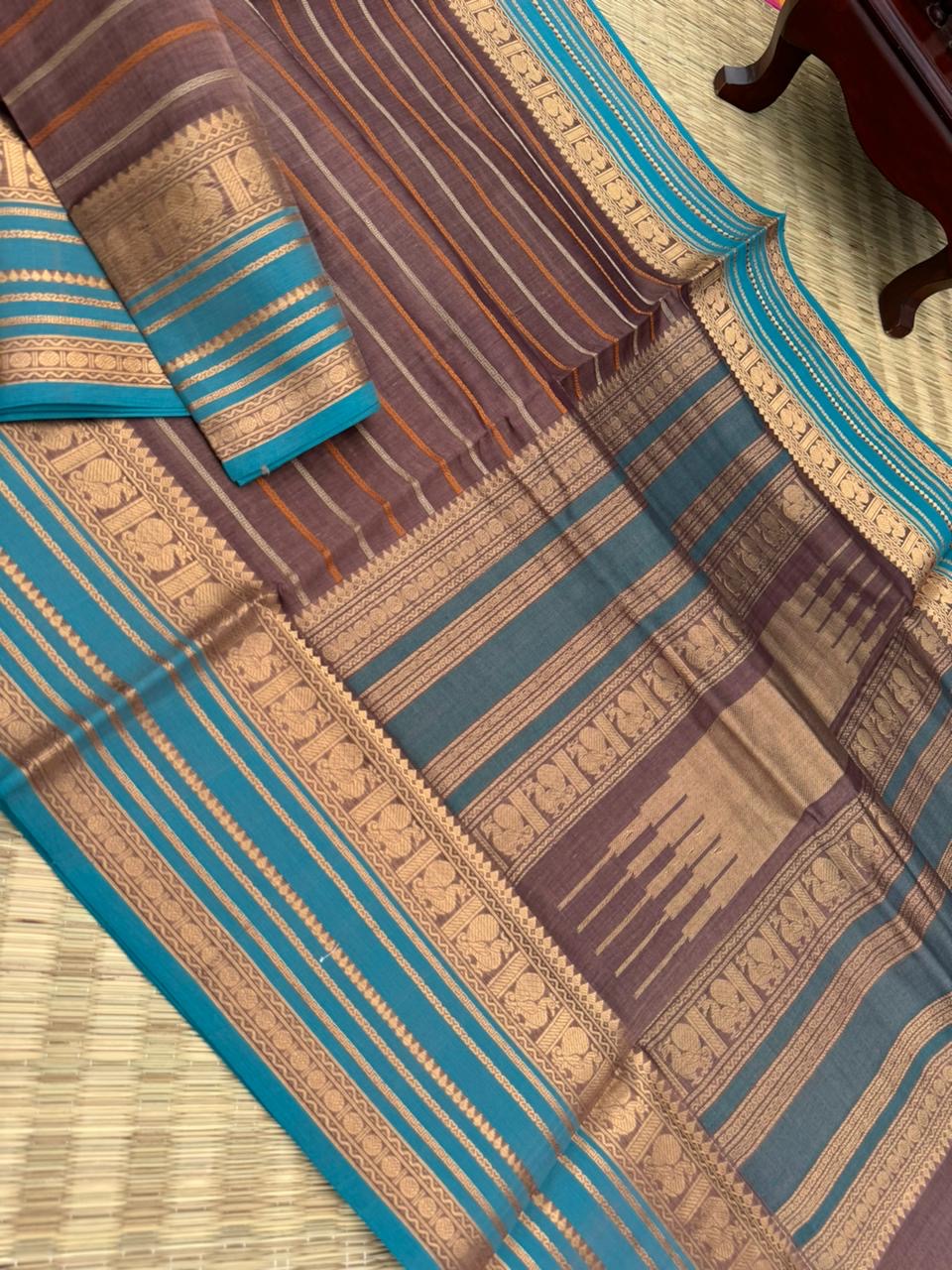 Woven Motifs Silk Cotton - chocolate grey velvet with dusk teal borders