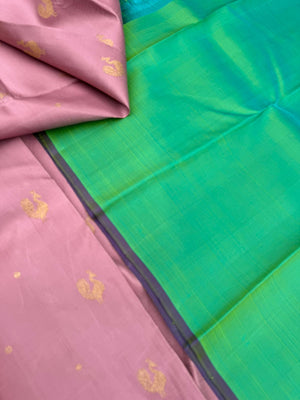 Mohaa - Rarest Borderless Kanchivarams - dusky pink annam buttas with aqua dual tone pallu and blouse