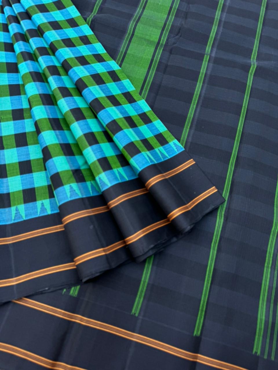 Signature Silk Cotton - Teal green and black kattam