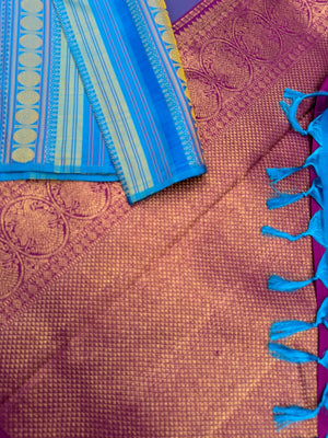Album Untouched - a deep sulphate blue and deep majenta full body has vertical varusai pett weave one of a kind saree