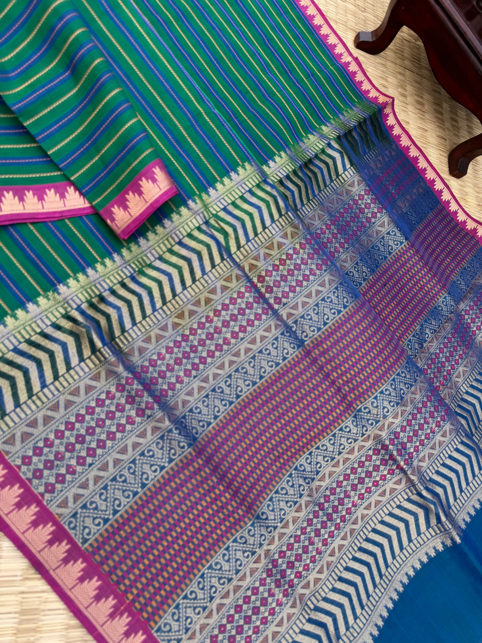 Woven Motifs Silk Cotton - more of green and peacock blue muthu veldhari with small one inch thalampoo woven borders