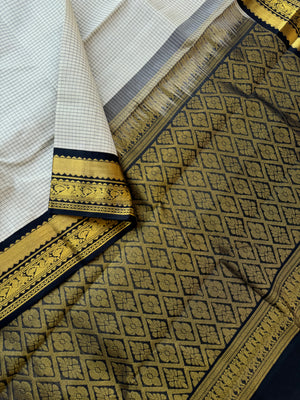 Korvai Silk Cotton - pale off white and black podi kattam