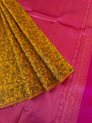 Haritham - Heirloom Yarn Play on Kanchivaram - mustard black vanasingaram ! With pink pallu and blouse