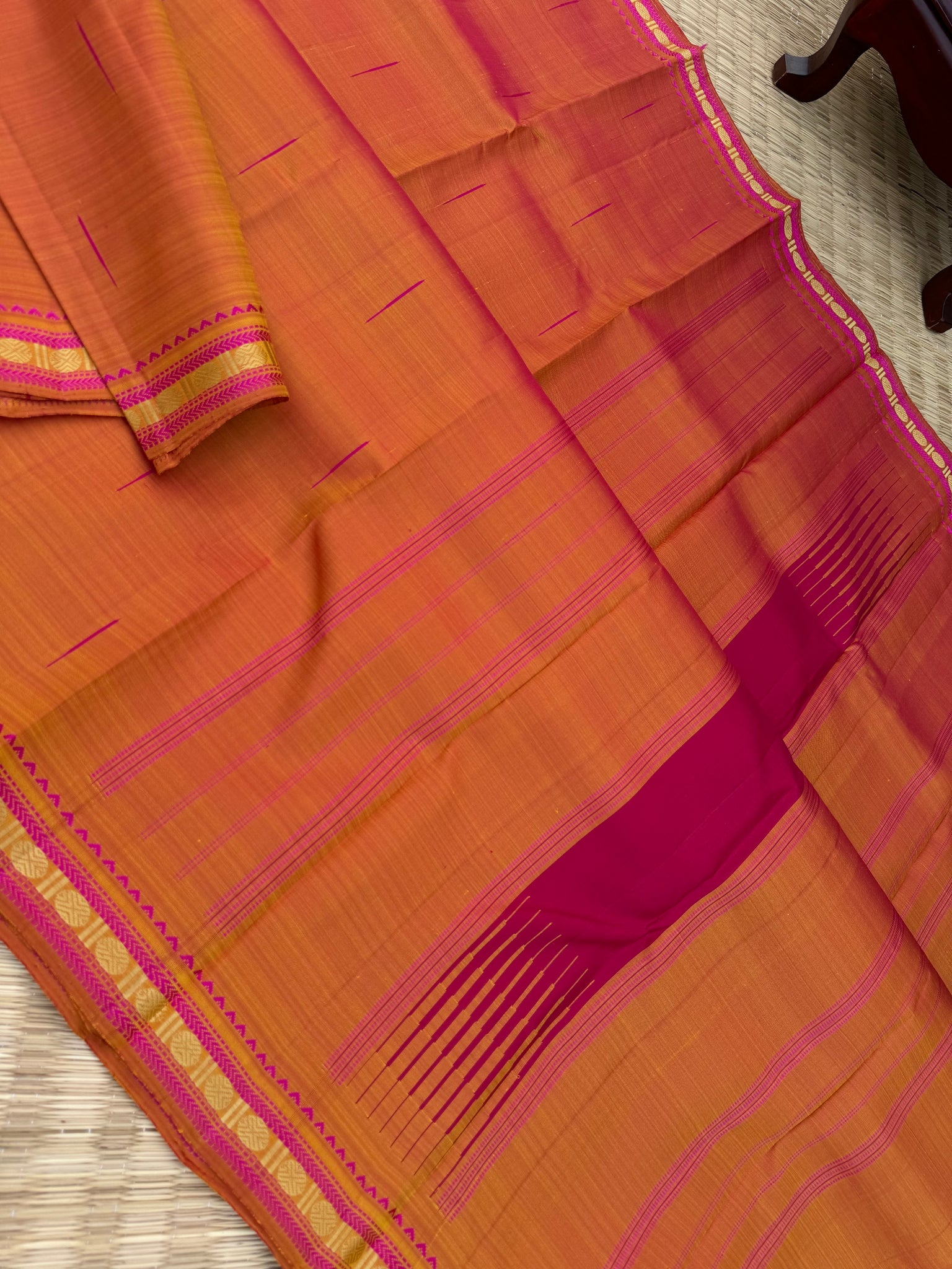 Woven from Memories - Stunning No Zari Kanchivarams - a rusty orange rain drops woven buttas with small classic vintage borders