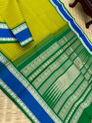 The Best of No Zari Korvai Kanchivaram - most beautiful sampanga green and blue with kattam and retta pett woven borders