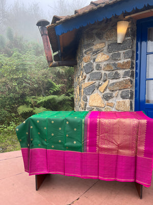 Heriyae - Heirloom Kanchivarams - most beautiful Meenakshi green and majenta with oosi Kattam woven borders