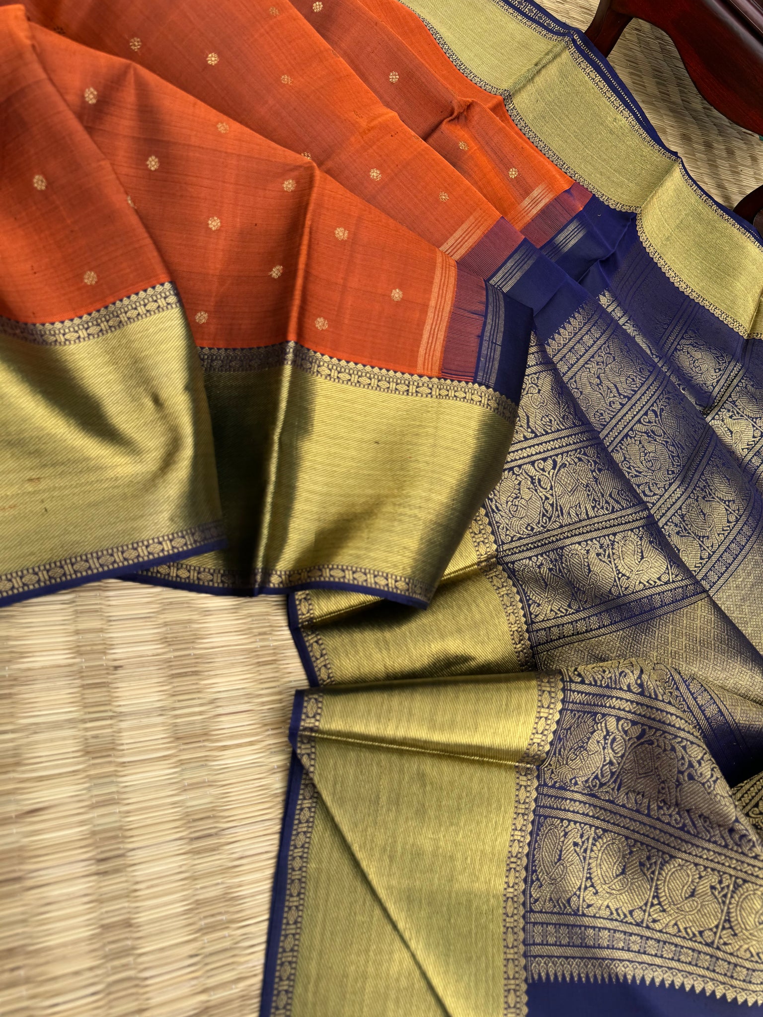 Molten Play on Kanchivaram - stunning Molten Metallic rusty caramel brown and navy blue with grander version of pallu and borders