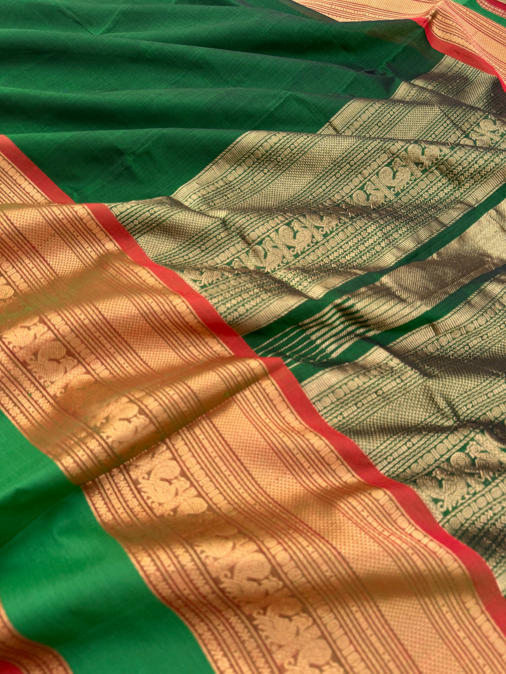 Zari Kissed Silk Cotton - deep dark green with grandest woven borders