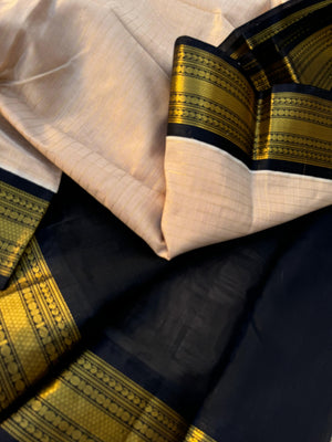 Korvai Silk Cotton - beige and black zari kattam
