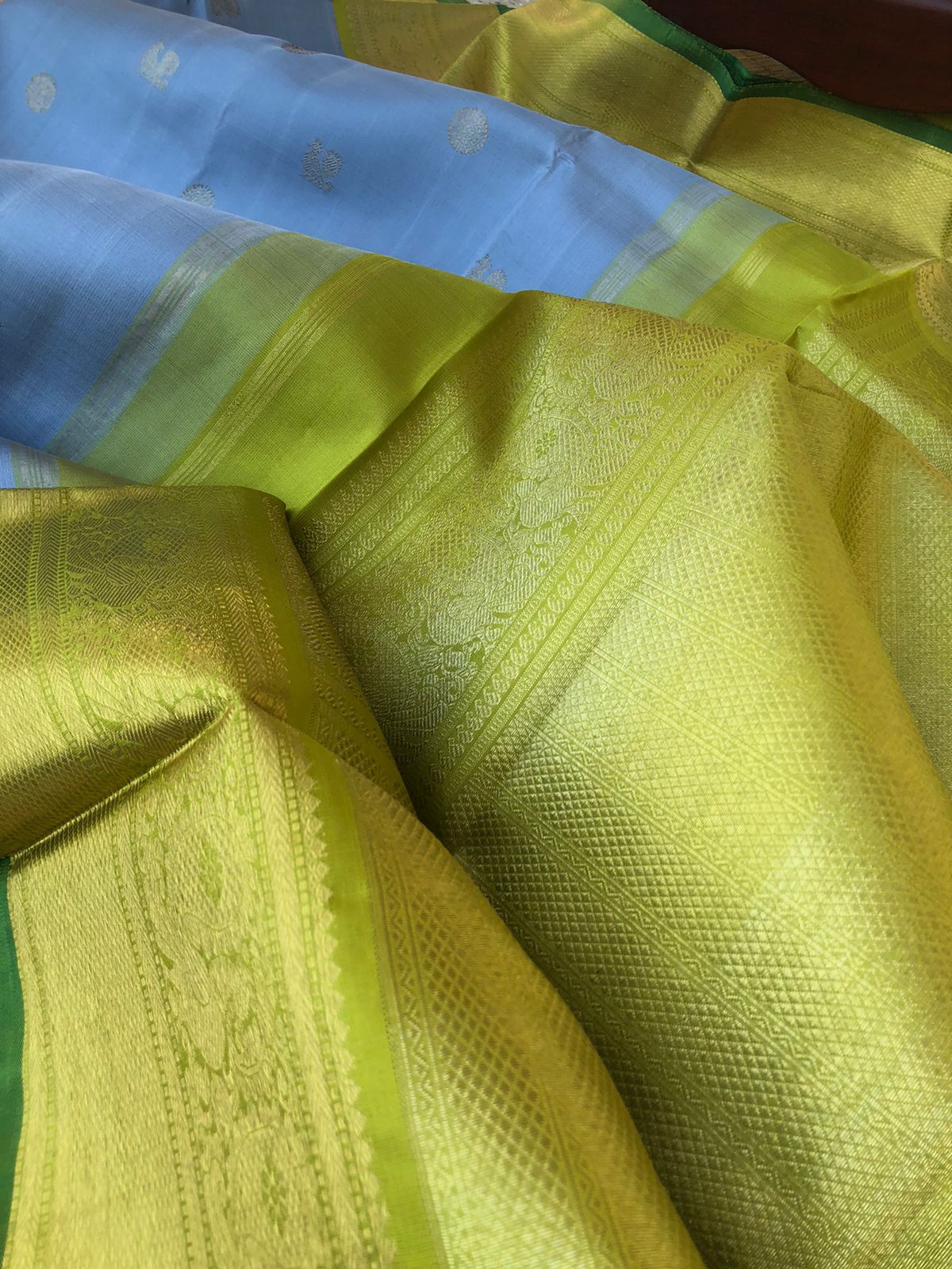 Meenakshi Kalayanam - Authentic Korvai Kanchivarams - such a stunning unusual bluish grey and olive green