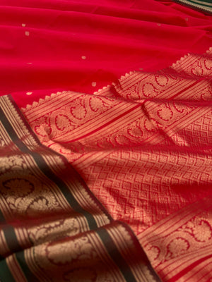 Zari Kissed Silk Cotton - deep traditional red with kodi visuree borders