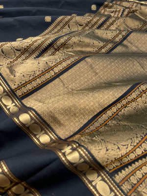 Black Edition of Zari Kissed Silk Cotton - stunning black and gold kolam buttas