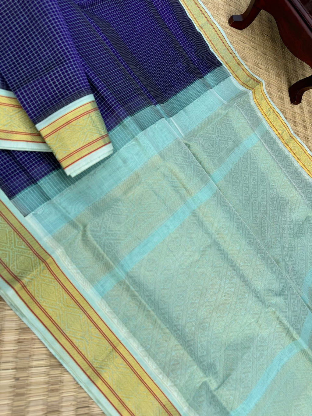 Korvai Silk Cottons - deep navy blue podi kattam with ice blue pallu and blouse