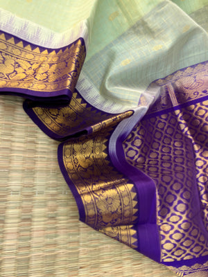 Korvai Silk Cotton - pista ice cream and violet zari kattam