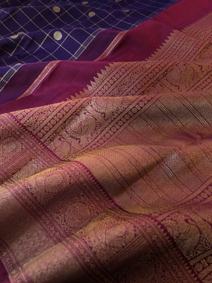 Antique Touch Kanchivarams - deep dark mid night navy blue and maroon korvai borders with chex and buttas woven body